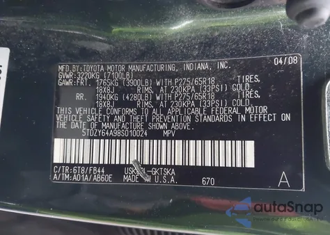 2008 Toyota Sequoia Sr5 5.7L V8 from USA, damaged, VIN 5TDZY64A98S201002